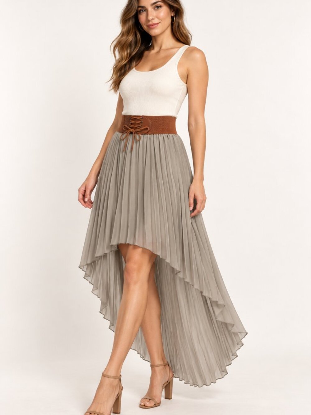 BB Couture high-low pleated chiffon skirt Sage Size L